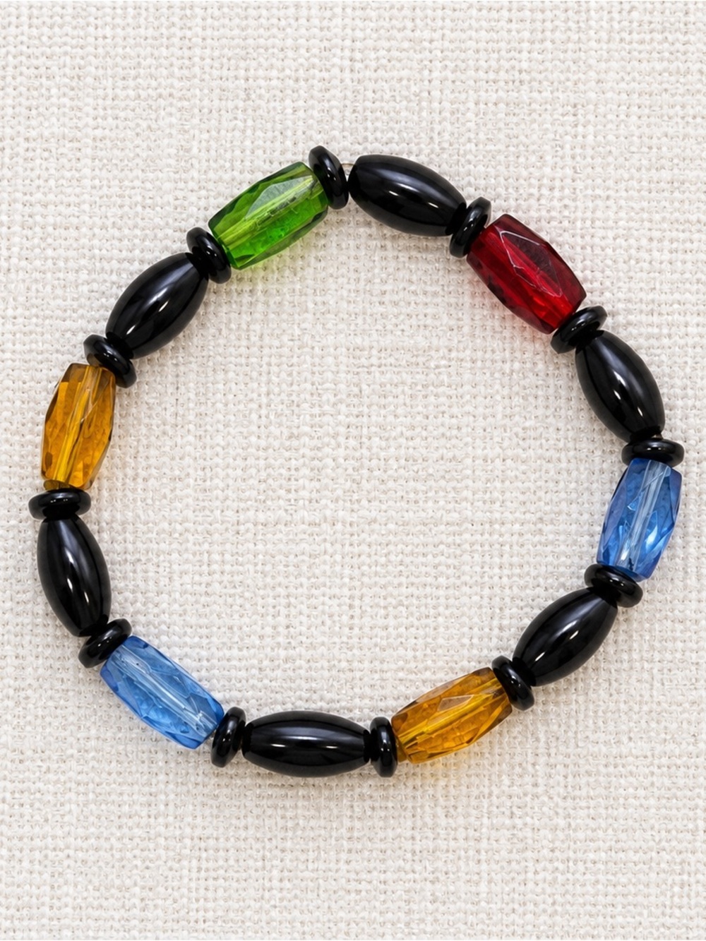 Black & Multicolor Faceted Beaded Stretch Bracelet Boho Retro Style